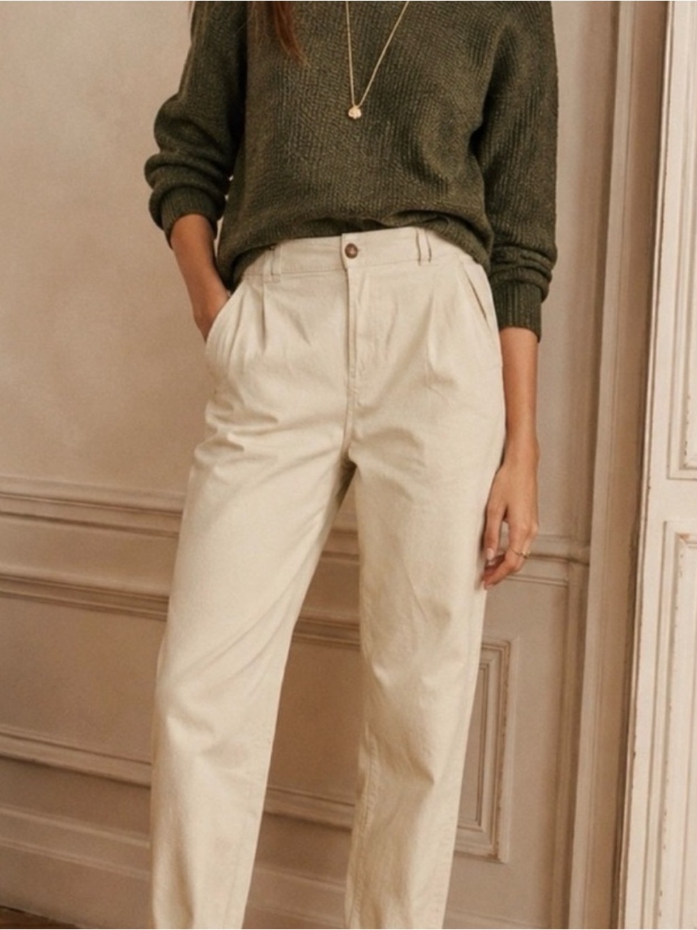 Sézane Cream Ecru High Rise Pleated Straight Leg Relaxed Jeans Organic Cotton 4